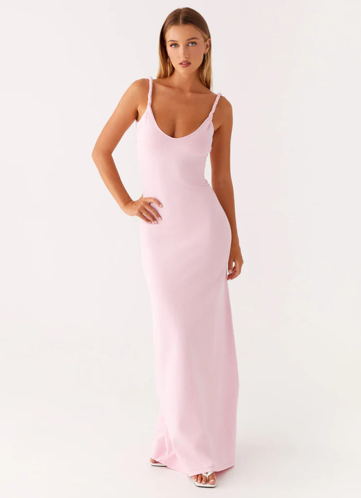 Blush Pink Ribbed Twisted Strap Backless Maxi Dress For Elegant Casual Party Events