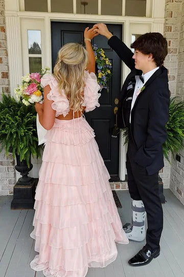 Blush Pink Ruffle Sleeve Tiered Tulle Prom Dress with Cutout Back