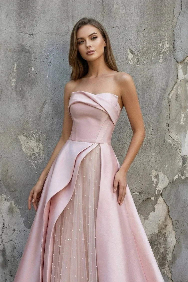 Blush Pink Satin Ball Gown with Tulle and Lace-Up Back Prom Dress