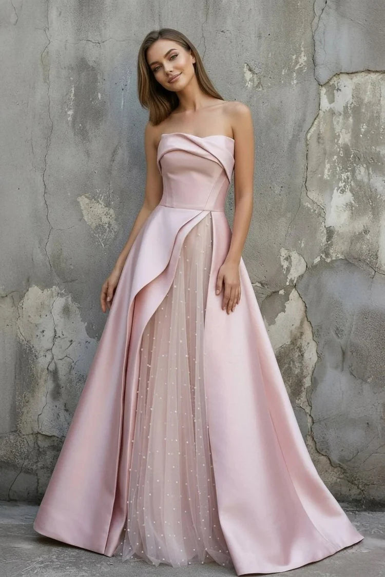 Blush Pink Satin Ball Gown with Tulle and Lace-Up Back Prom Dress