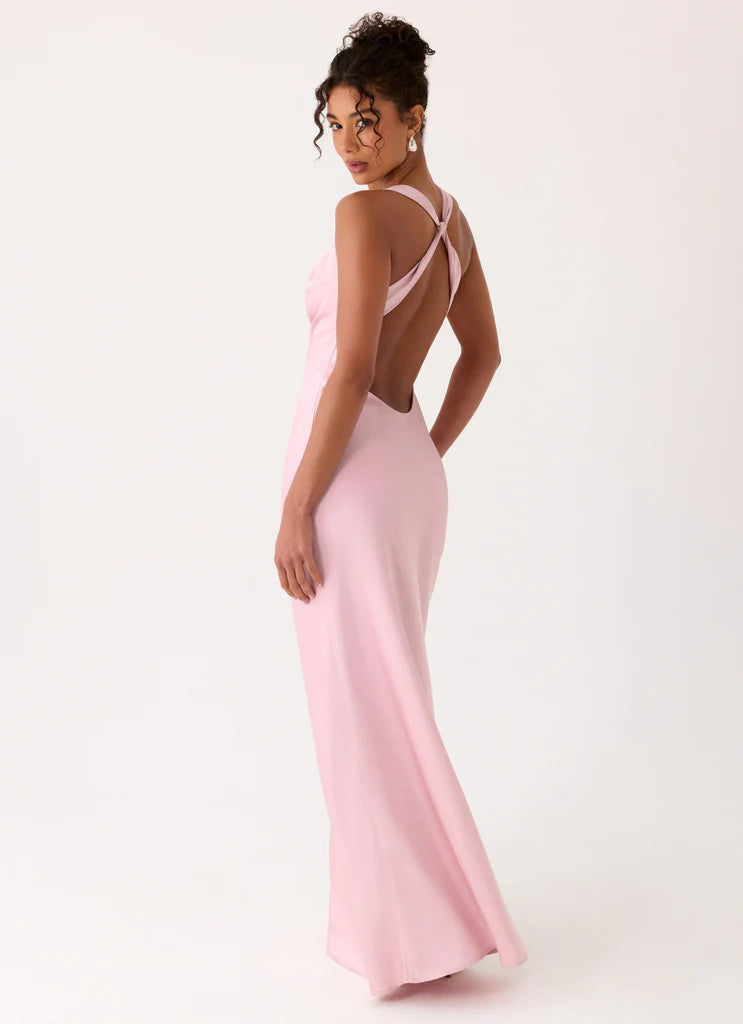 Blush Pink Satin Cowl Neck Open Back Twisted Strap Maxi Prom Dress for Events