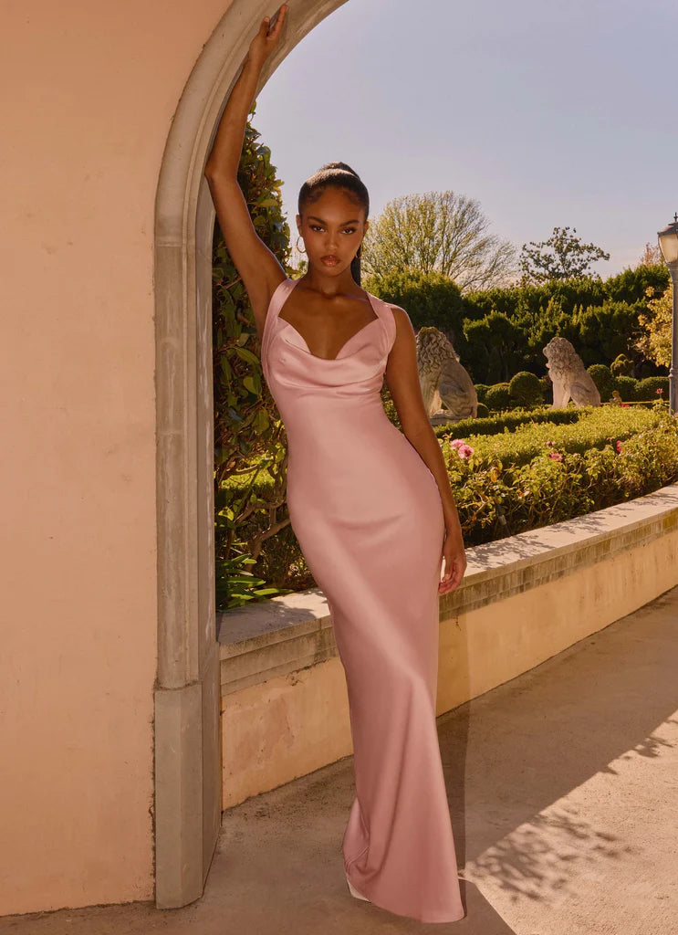 Blush Pink Satin Cowl Neck Open Back Twisted Strap Maxi Prom Dress for Events