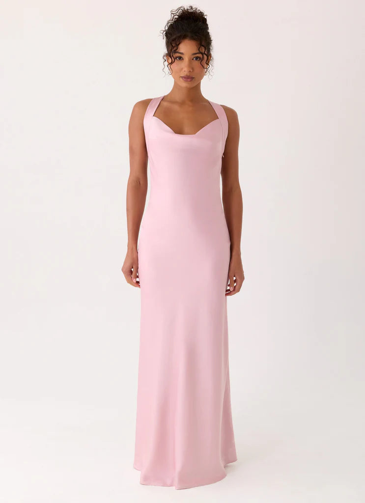 Blush Pink Satin Cowl Neck Open Back Twisted Strap Maxi Prom Dress for Events