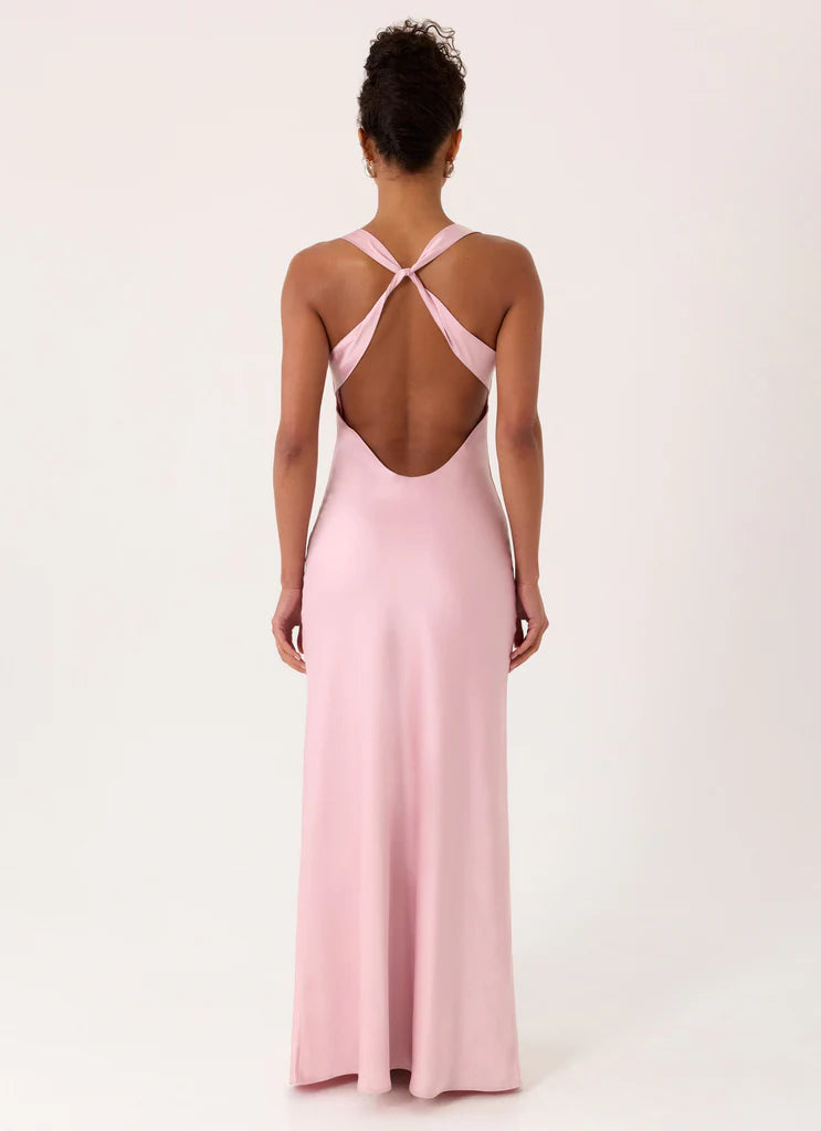 Blush Pink Satin Cowl Neck Open Back Twisted Strap Maxi Prom Dress for Events
