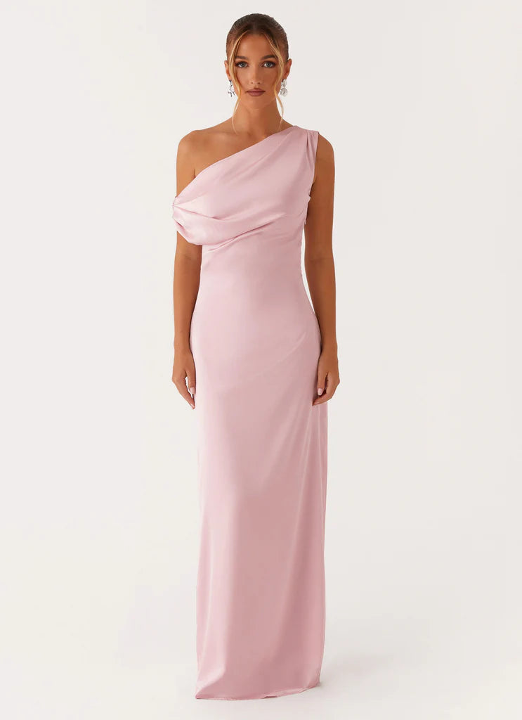 Blush Pink Satin One Shoulder Draped Maxi Dress For Elegant Formal Party Events