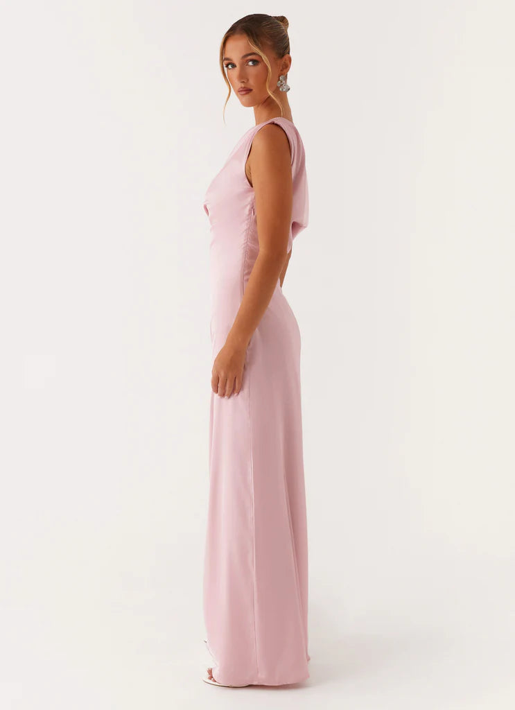 Blush Pink Satin One Shoulder Draped Maxi Dress For Elegant Formal Party Events