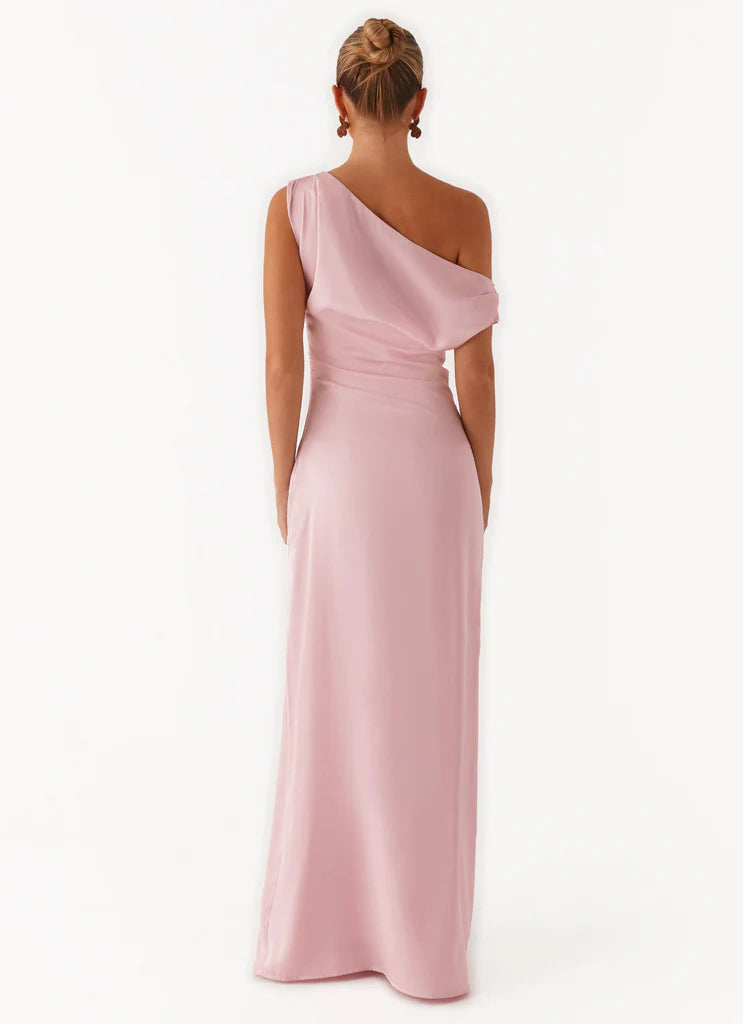 Blush Pink Satin One Shoulder Draped Maxi Dress For Elegant Formal Party Events