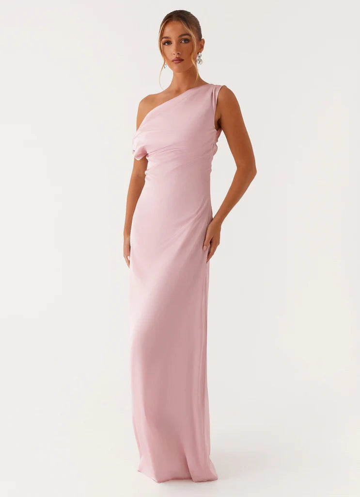 Blush Pink Satin One Shoulder Draped Maxi Dress For Elegant Formal Party Events
