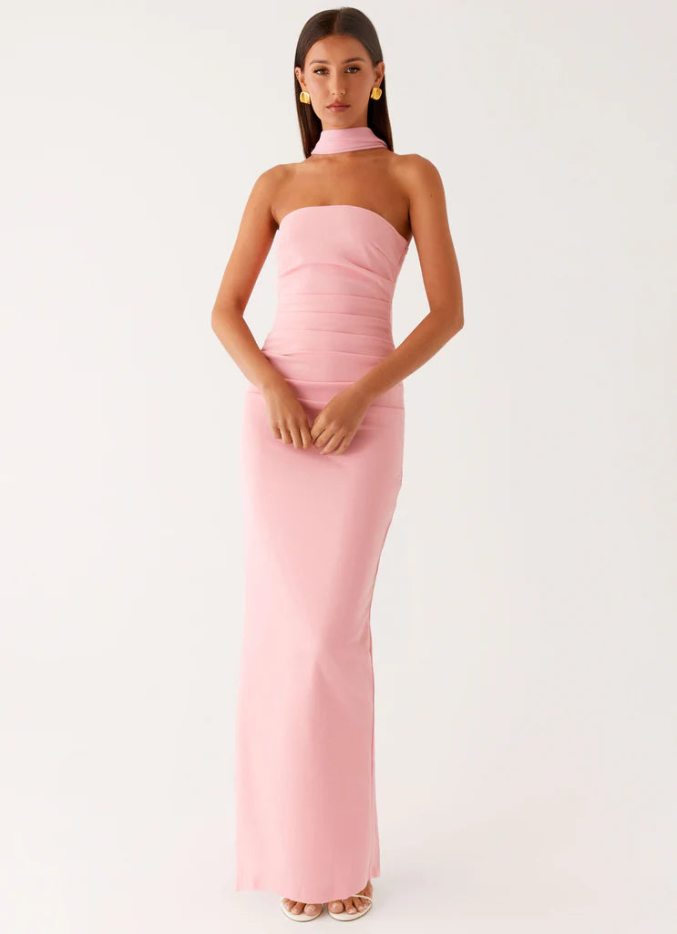 Blush Pink Strapless Halter Neck Ruched Maxi Prom Dress For Elegant Formal Evening Events