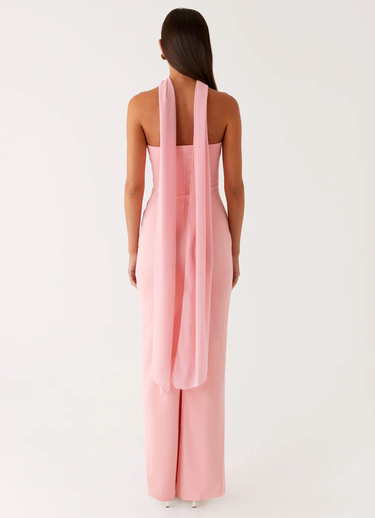 Blush Pink Strapless Halter Neck Ruched Maxi Prom Dress For Elegant Formal Evening Events