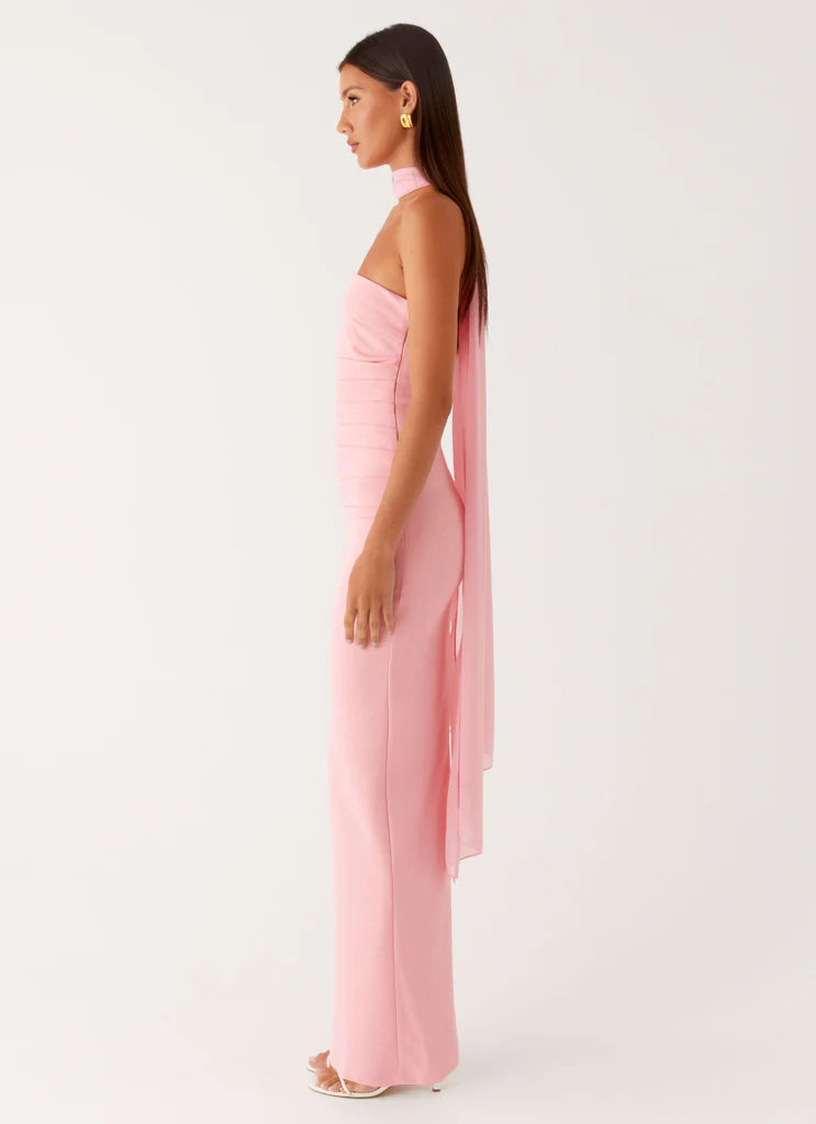 Blush Pink Strapless Halter Neck Ruched Maxi Prom Dress For Elegant Formal Evening Events