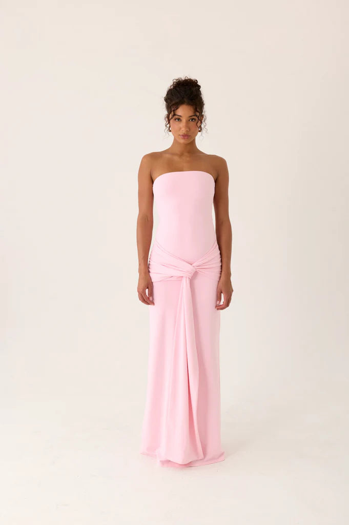 Blush Pink Strapless Knot Waist Maxi Prom Dress For Elegant Formal Evening Occasions