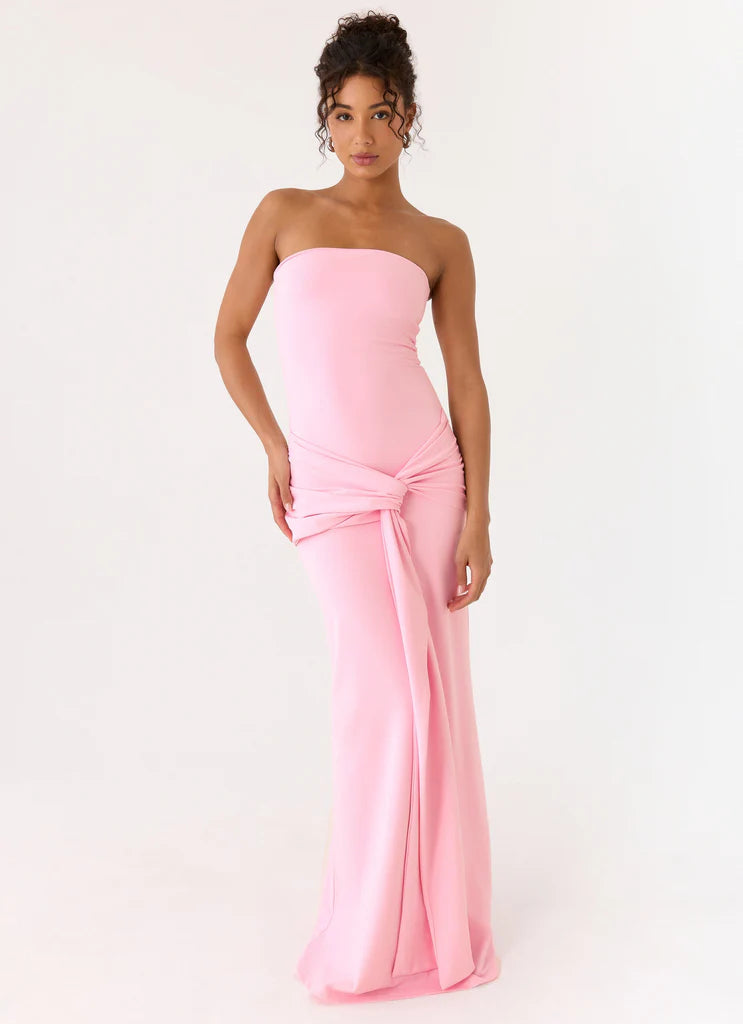 Blush Pink Strapless Knot Waist Maxi Prom Dress For Elegant Formal Evening Occasions