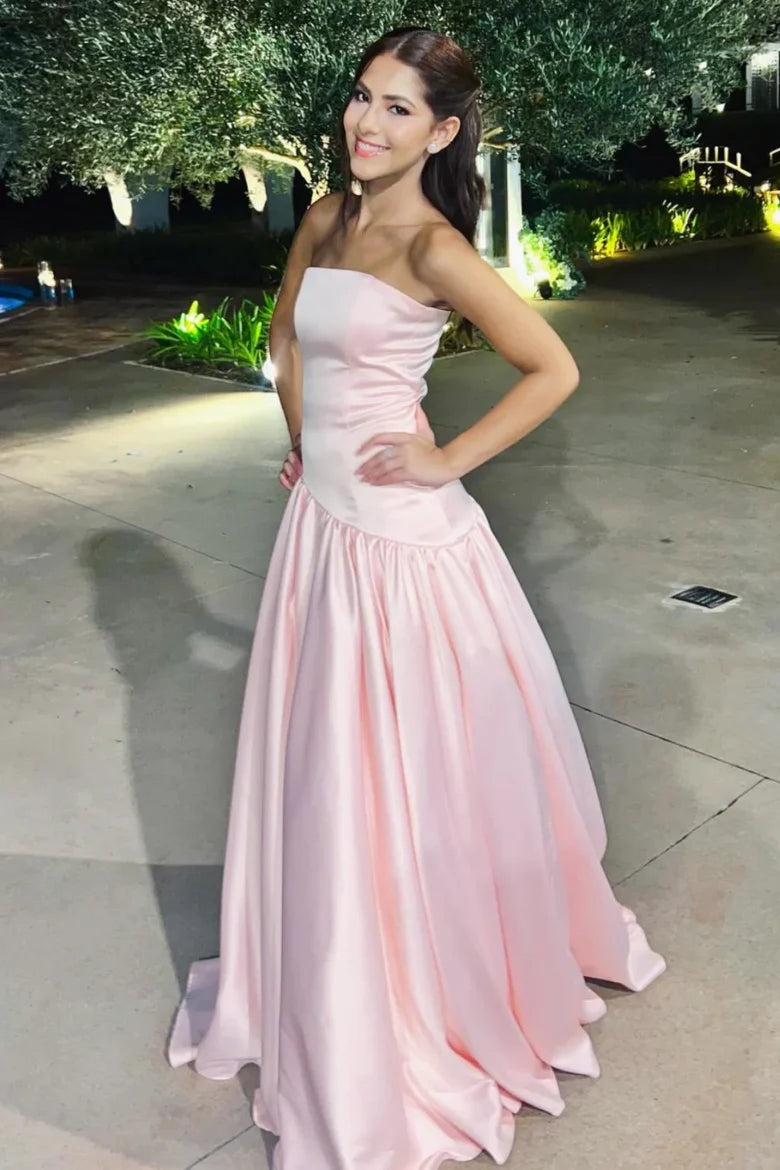 Blush Pink Strapless Satin Prom Dress with Drop Waist and Train