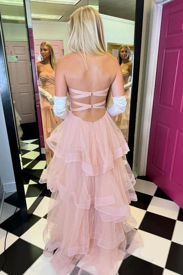 Blush Pink Strapless Tiered Tulle Prom Dress with Lace-Up Back