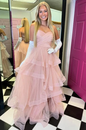 Blush Pink Strapless Tiered Tulle Prom Dress with Lace-Up Back