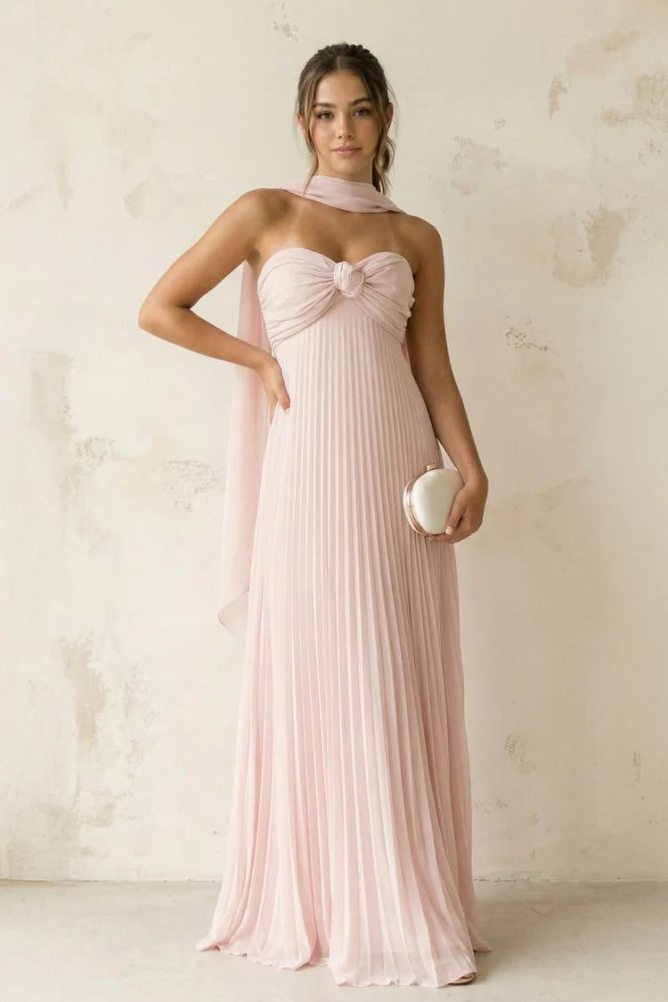 Blush Pink Strapless Twist Knot Pleated Maxi with Shawl Prom Dress