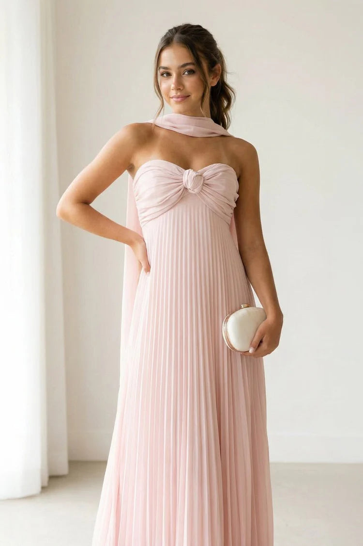 Blush Pink Strapless Twist Knot Pleated Maxi with Shawl Prom Dress