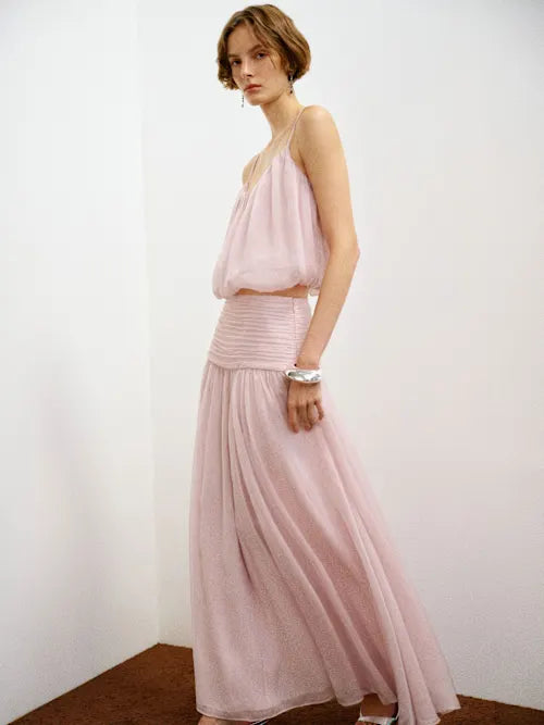 Blush Pink Two-Piece Spaghetti Strap Flowy Maxi Set Prom Dress