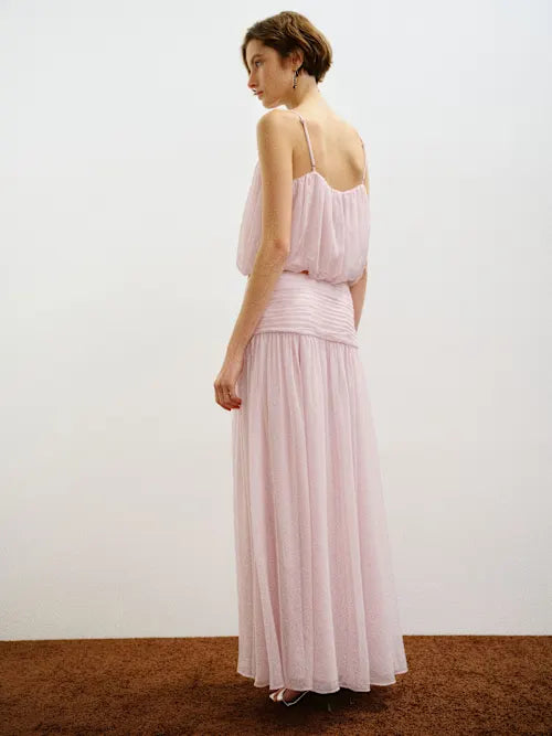 Blush Pink Two-Piece Spaghetti Strap Flowy Maxi Set Prom Dress