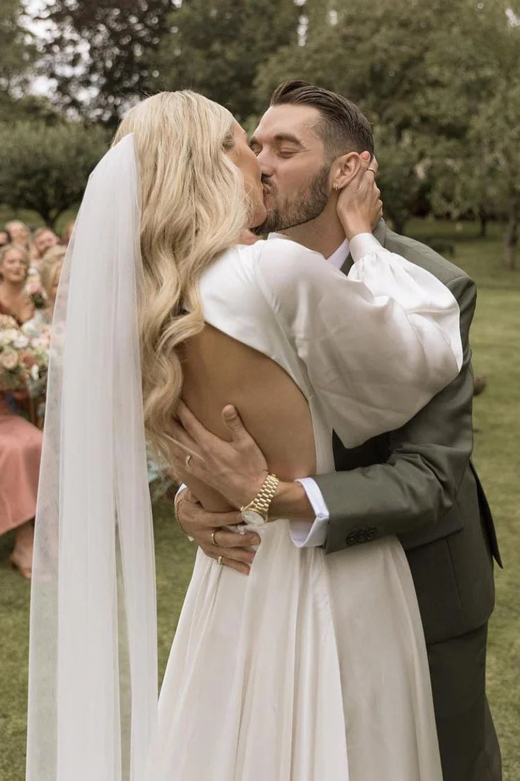 Bohemian A-Line V-Neck Bishop Sleeve Chapel-Train Satin Wedding Dresses