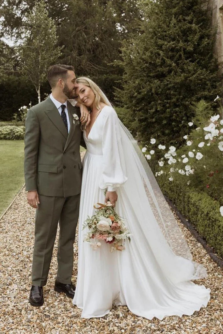 Bohemian A-Line V-Neck Bishop Sleeve Chapel-Train Satin Wedding Dresses