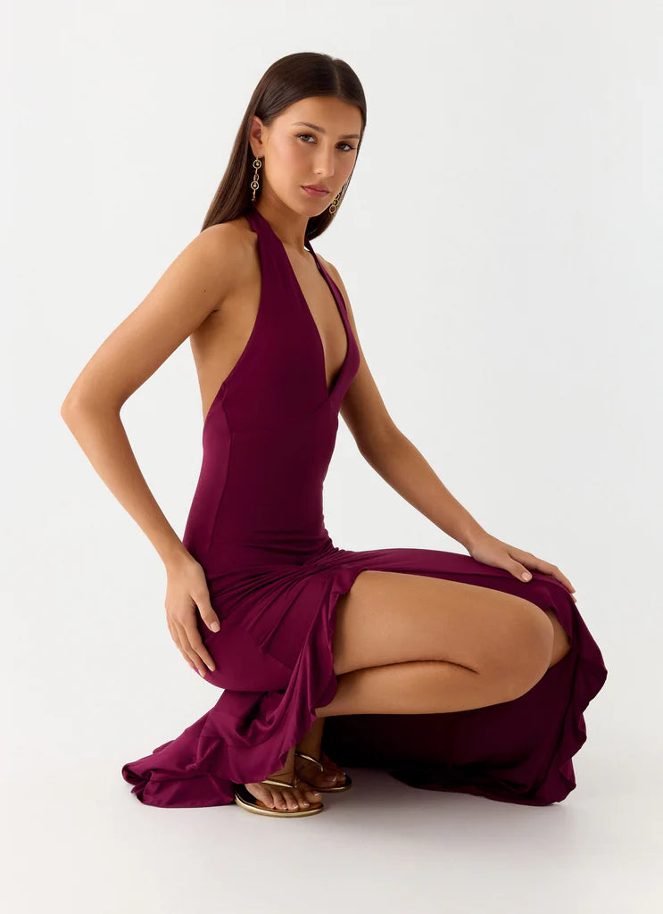 Burgundy Halter Neck Ruched Ruffle Maxi Prom Dress For Elegant Formal Evening Events