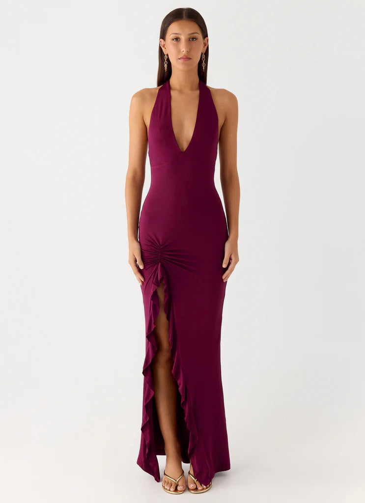 Burgundy Halter Neck Ruched Ruffle Maxi Prom Dress For Elegant Formal Evening Events