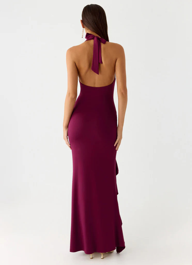 Burgundy Halter Neck Ruched Ruffle Maxi Prom Dress For Elegant Formal Evening Events