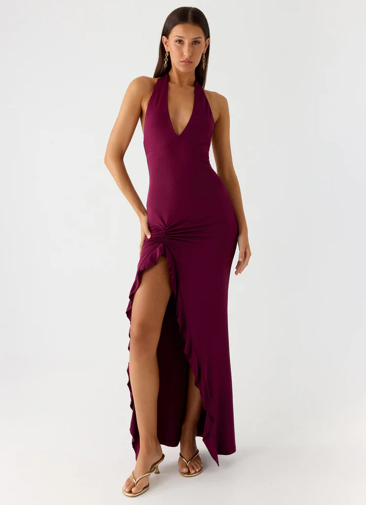 Burgundy Halter Neck Ruched Ruffle Maxi Prom Dress For Elegant Formal Evening Events