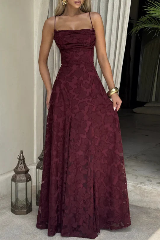 Burgundy Lace Spaghetti Strap Lace Up Back Floral Prom Dress For Evening
