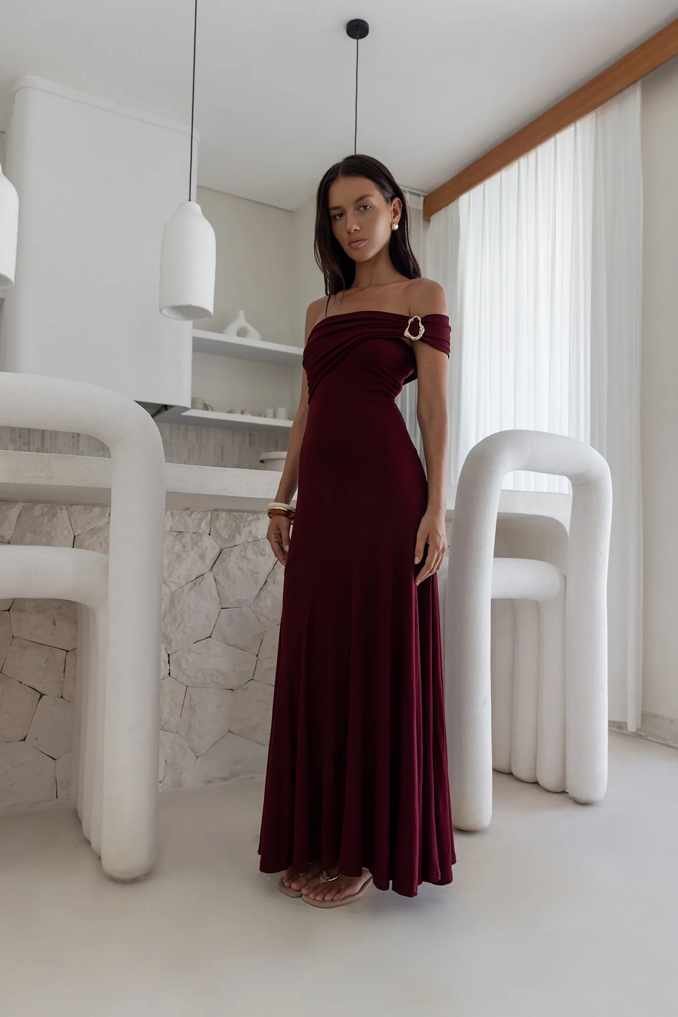 Burgundy Off-Shoulder Gold Ring Detail Ruched Maxi Evening Dress