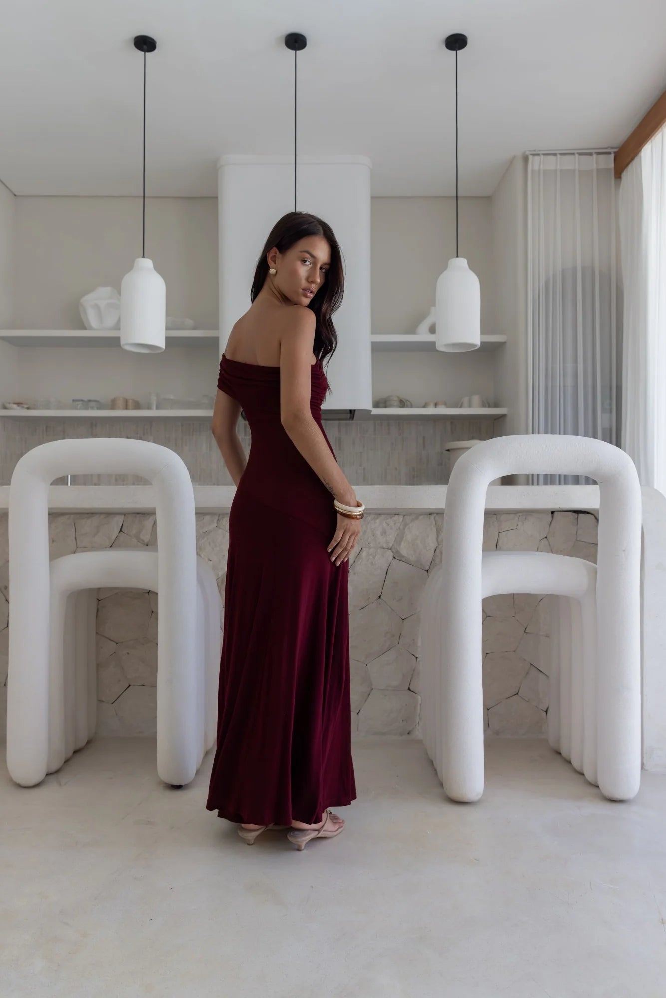 Burgundy Off-Shoulder Gold Ring Detail Ruched Maxi Evening Dress