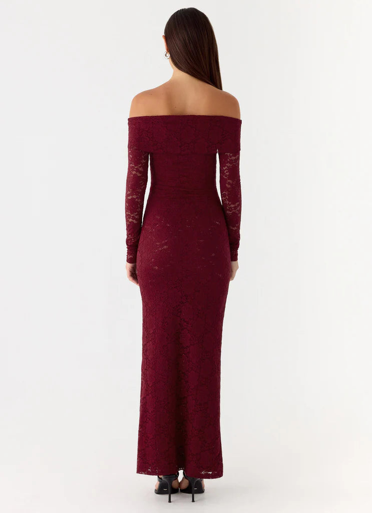 Burgundy Off The Shoulder Long Sleeve Lace Maxi Prom Dress For Elegant Formal Evening Events