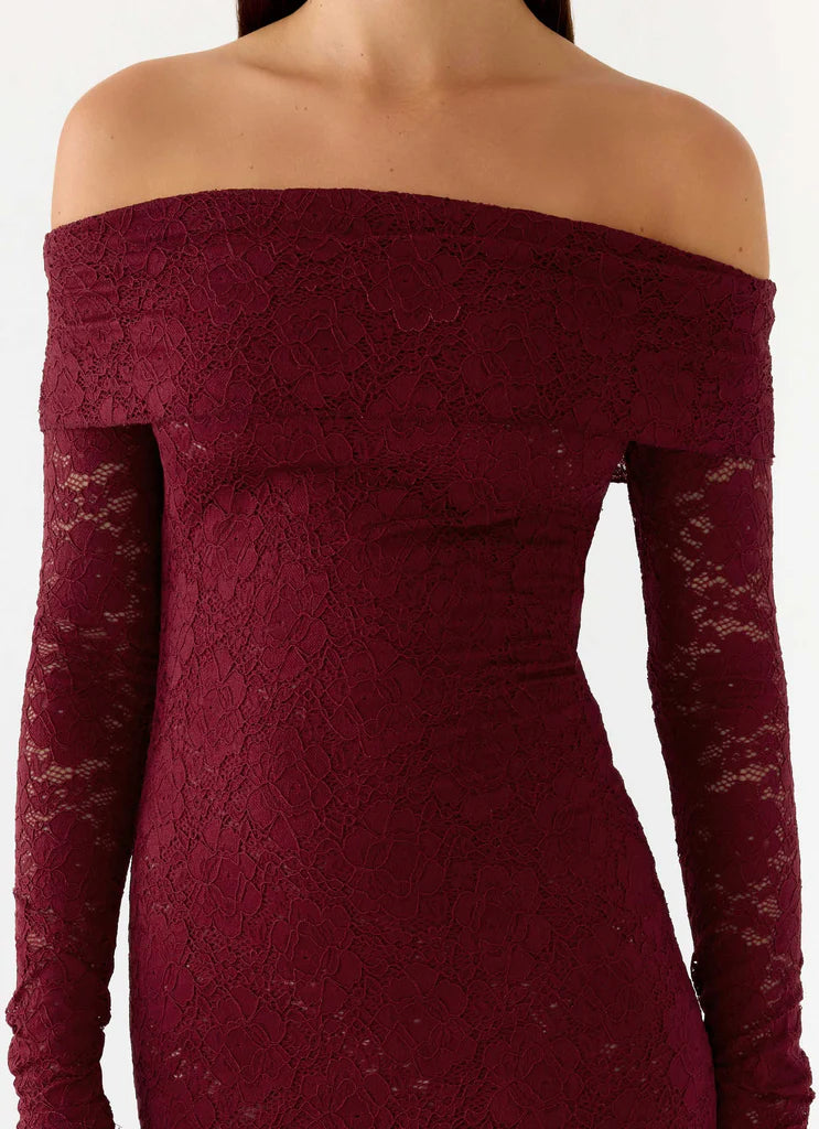 Burgundy Off The Shoulder Long Sleeve Lace Maxi Prom Dress For Elegant Formal Evening Events