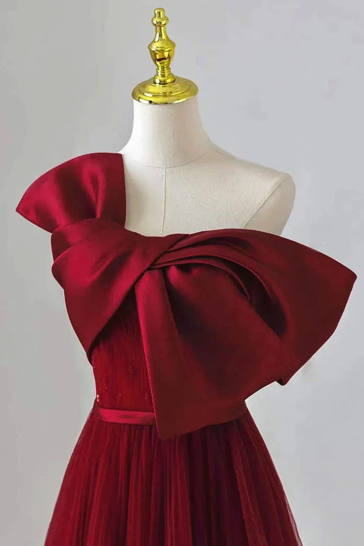 Burgundy One-Shoulder Tulle Prom Dress with Oversized Satin Bow and Train