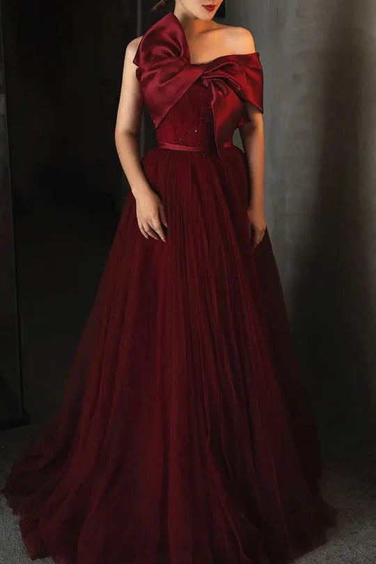 Burgundy One-Shoulder Tulle Prom Dress with Oversized Satin Bow and Train