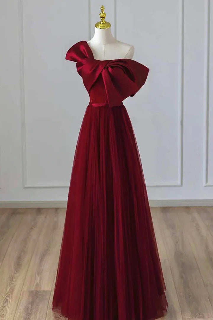 Burgundy One-Shoulder Tulle Prom Dress with Oversized Satin Bow and Train