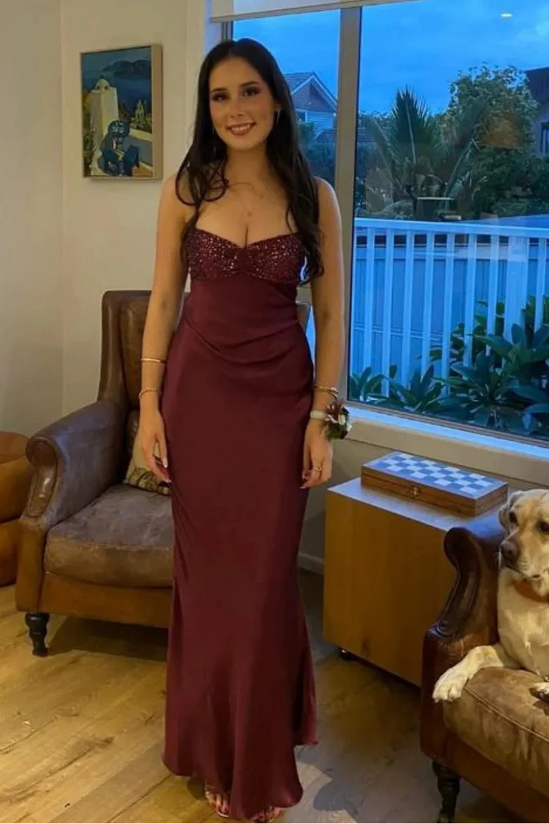 Burgundy Satin Beaded Halter Lace-Up Back Mermaid Prom Dress
