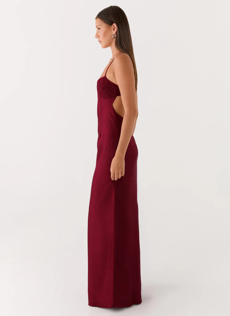 Burgundy Satin Lace Trim Backless Maxi Dress For Elegant Formal Party Events