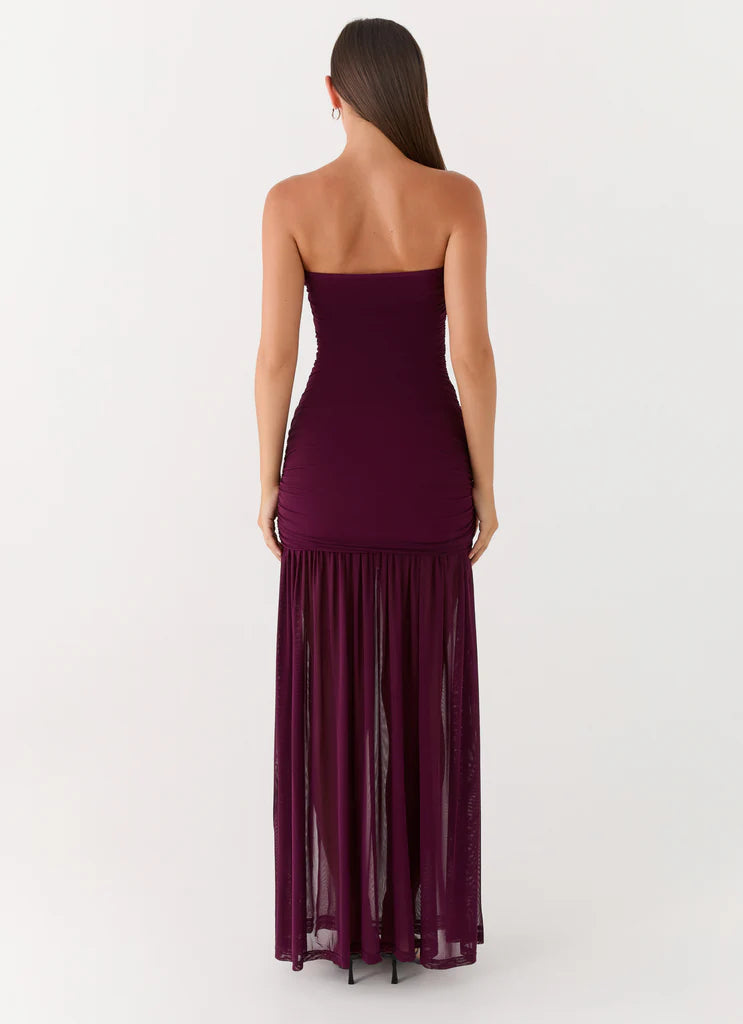Burgundy Strapless Ruched Mesh High Slit Maxi Prom Dress