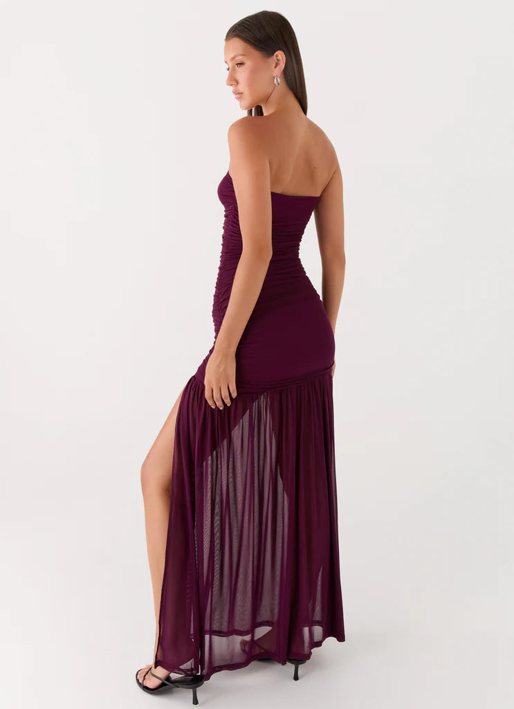 Burgundy Strapless Ruched Mesh High Slit Maxi Prom Dress