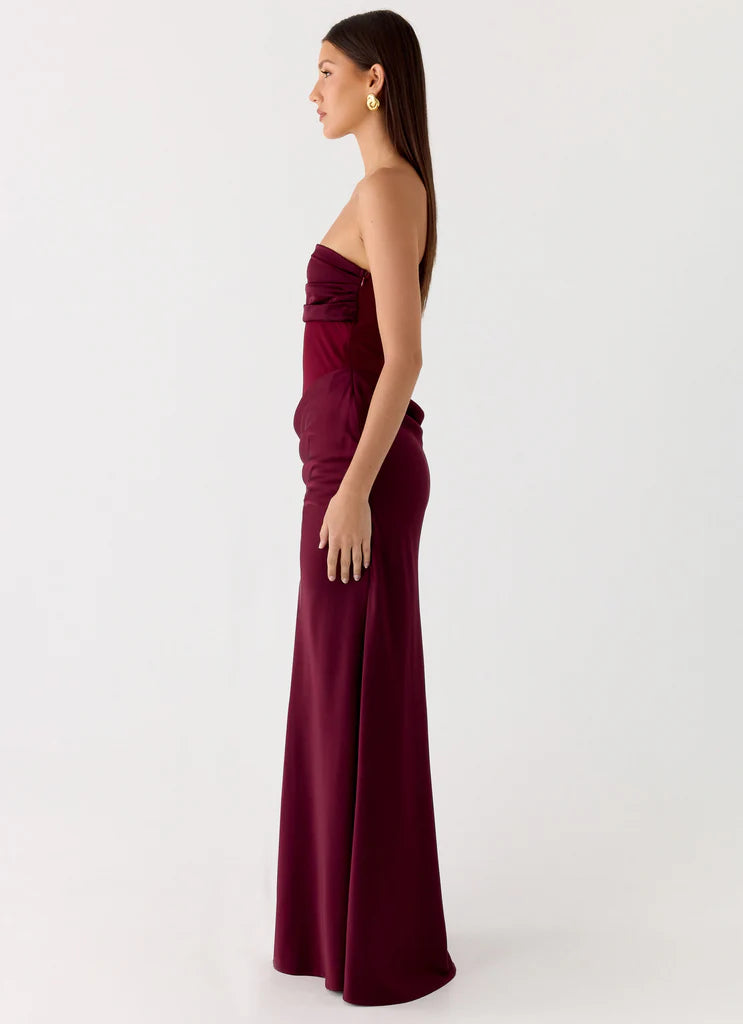 Burgundy Strapless Ruched Satin Panel Maxi Prom Dress