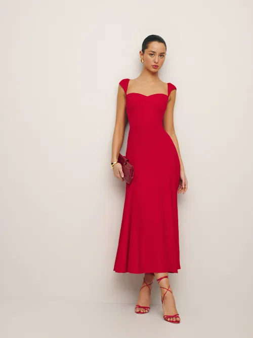 Burgundy Sweetheart Neck Cap Sleeve Fitted Prom Dress