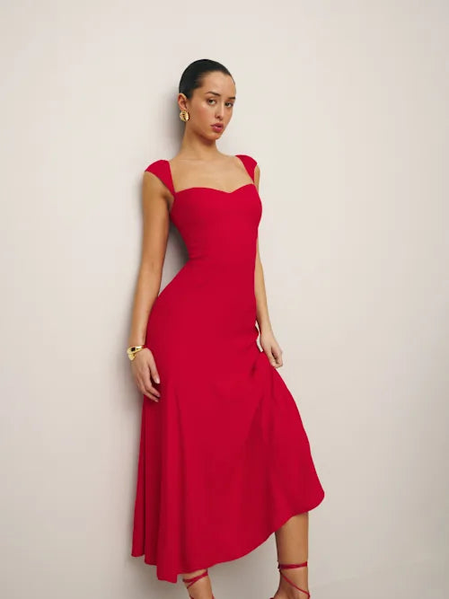 Burgundy Sweetheart Neck Cap Sleeve Fitted Prom Dress