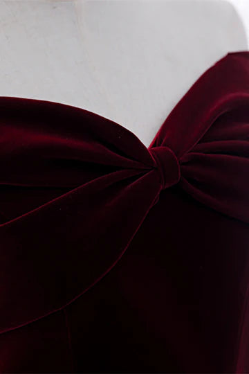 Burgundy Velvet Off Shoulder Bow Lace Up Back Maxi Prom Dress