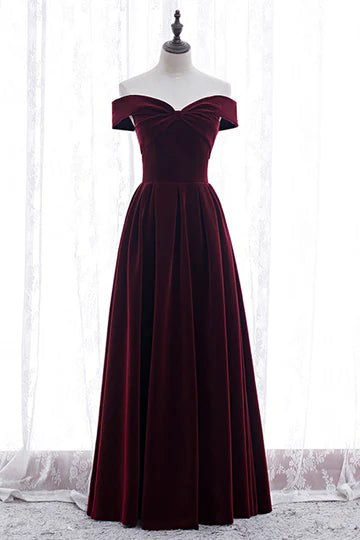 Burgundy Velvet Off Shoulder Bow Lace Up Back Maxi Prom Dress