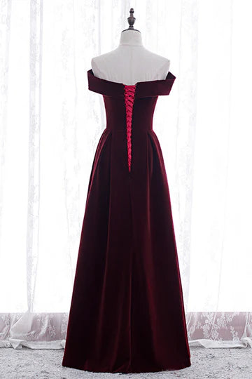 Burgundy Velvet Off Shoulder Bow Lace Up Back Maxi Prom Dress