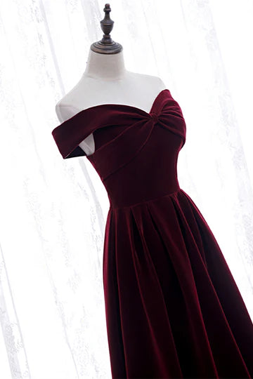 Burgundy Velvet Off Shoulder Bow Lace Up Back Maxi Prom Dress