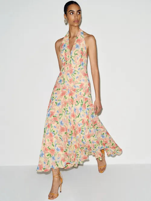 Butter Yellow Floral Halter Neck Open Back Tiered Prom Dress
